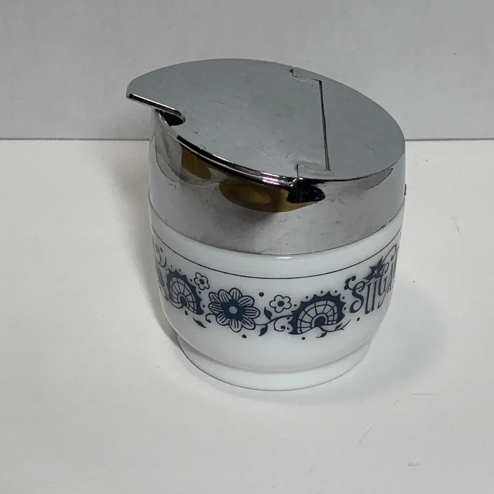 Gemco Snowflake Garland Sugar Dispenser Toleware Glass Metal Chrome Lid